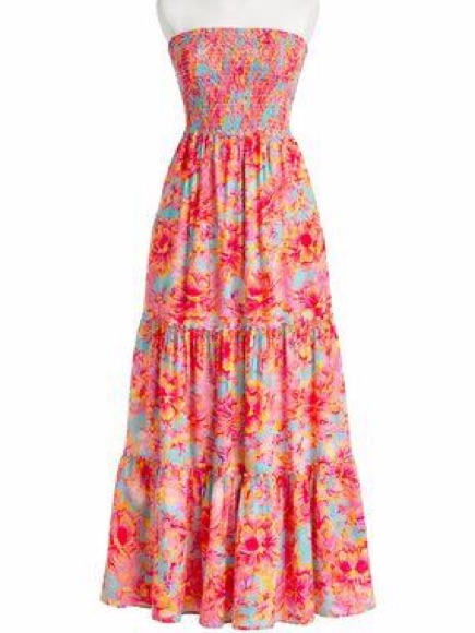 Abel The Label Oversized Floral Strapless Tiered Ruffle Blue Maxi Dress Medium